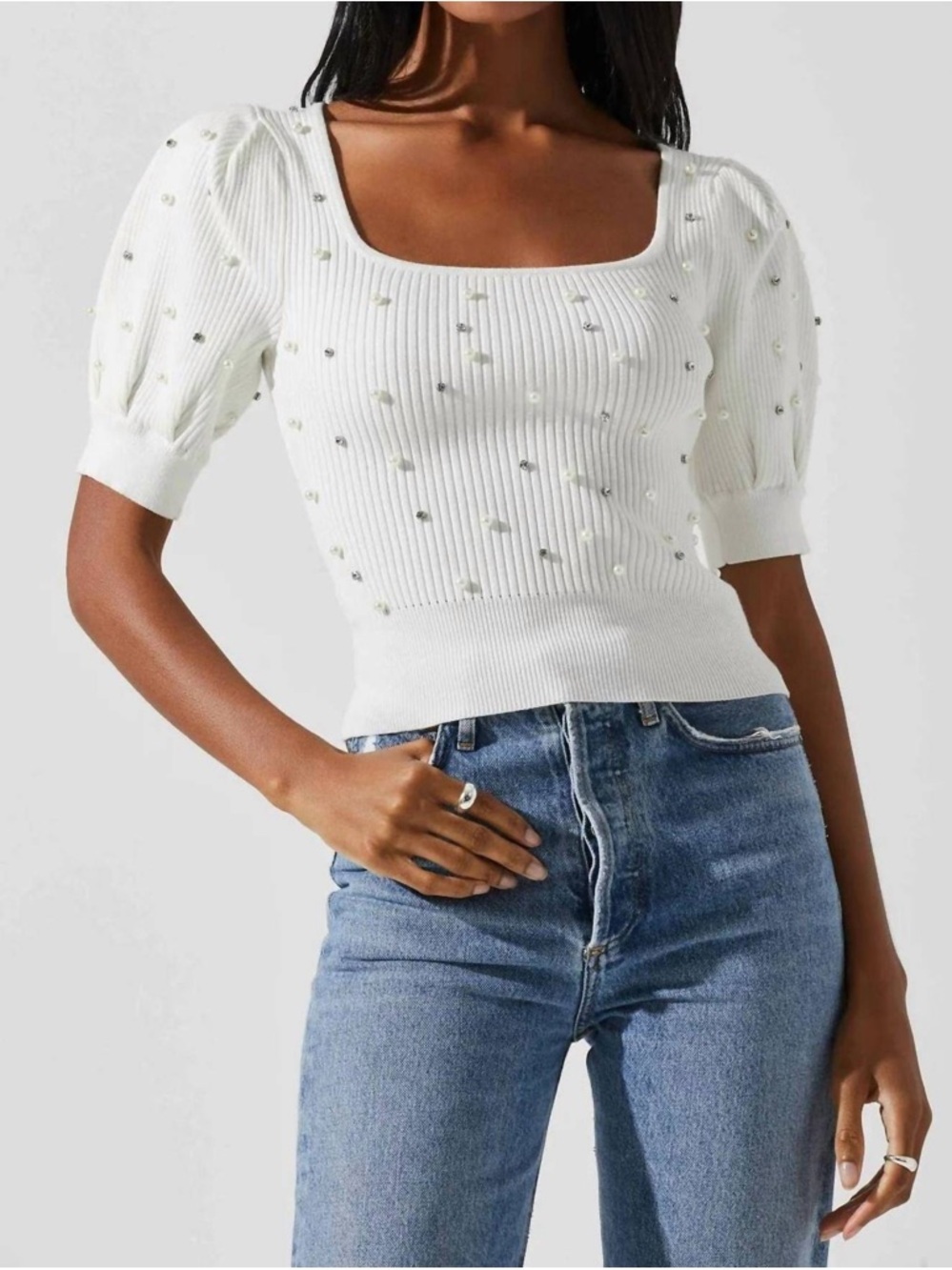 Astr White Square-Neck Pearl-Embellished Rib Knit Top